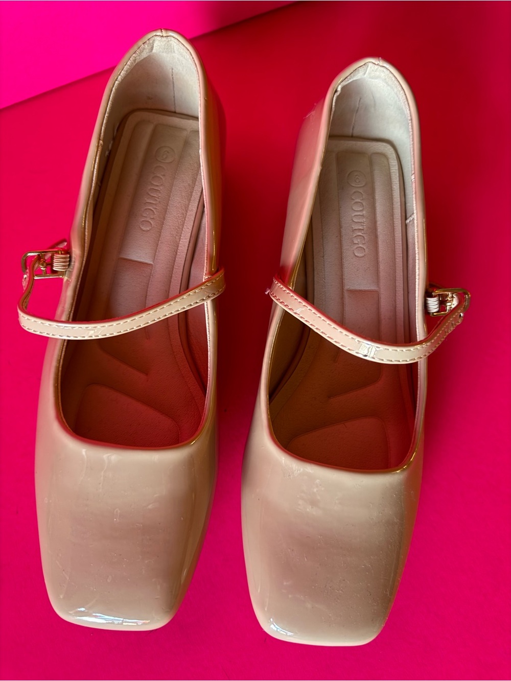 Patent Nude Mary Jane Flats with Gold-Tone Buckle